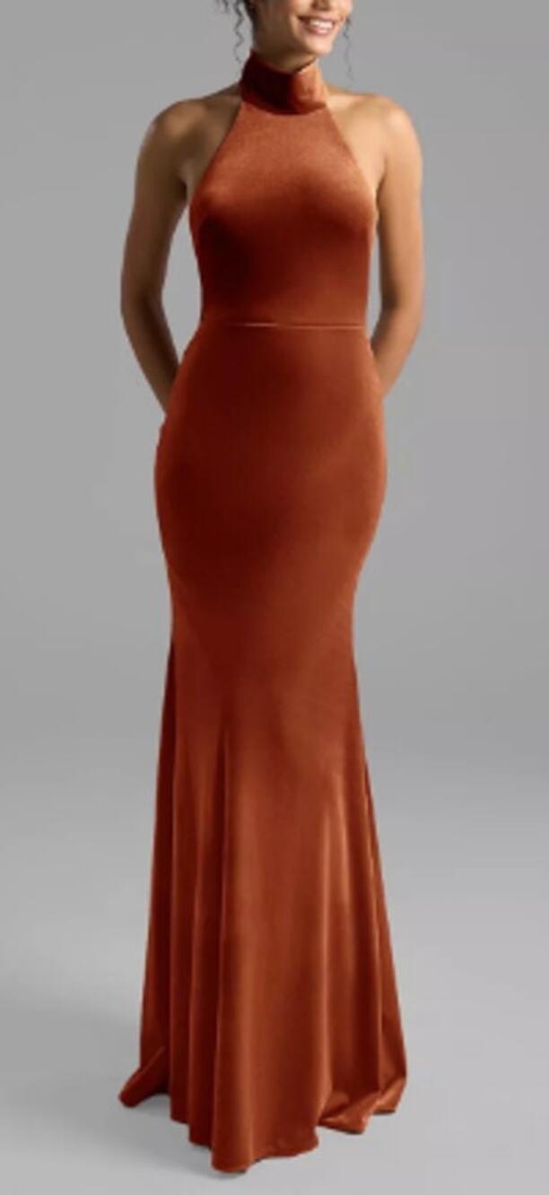 AW BRIDAL sz 8 M burn orange Kade velvet formal party halter maxi dress NEW b50